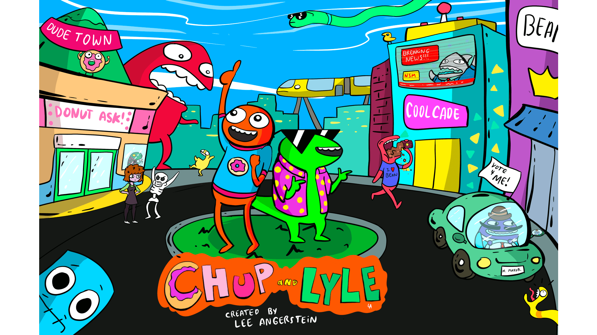 Colorful cartoon city scene with characters, buildings, and a car, featuring the title 'Chup and Lyle' in bright letters.
