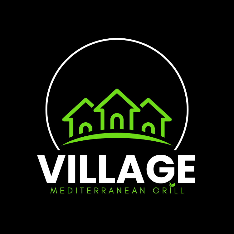 Logo with three green houses above the word VILLAGE, and 'Mediterranean Grill' below, on a black background.