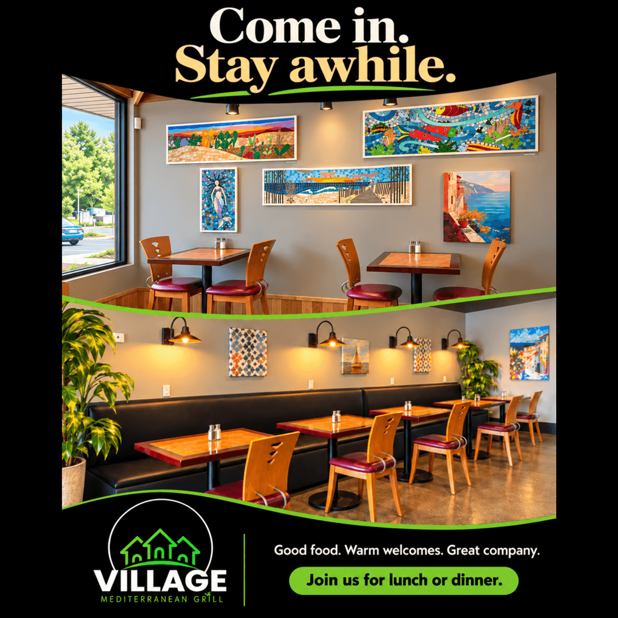 Interior of a restaurant with colorful artwork, tables, chairs, and plants, inviting for lunch or dinner, with welcoming atmosphere.