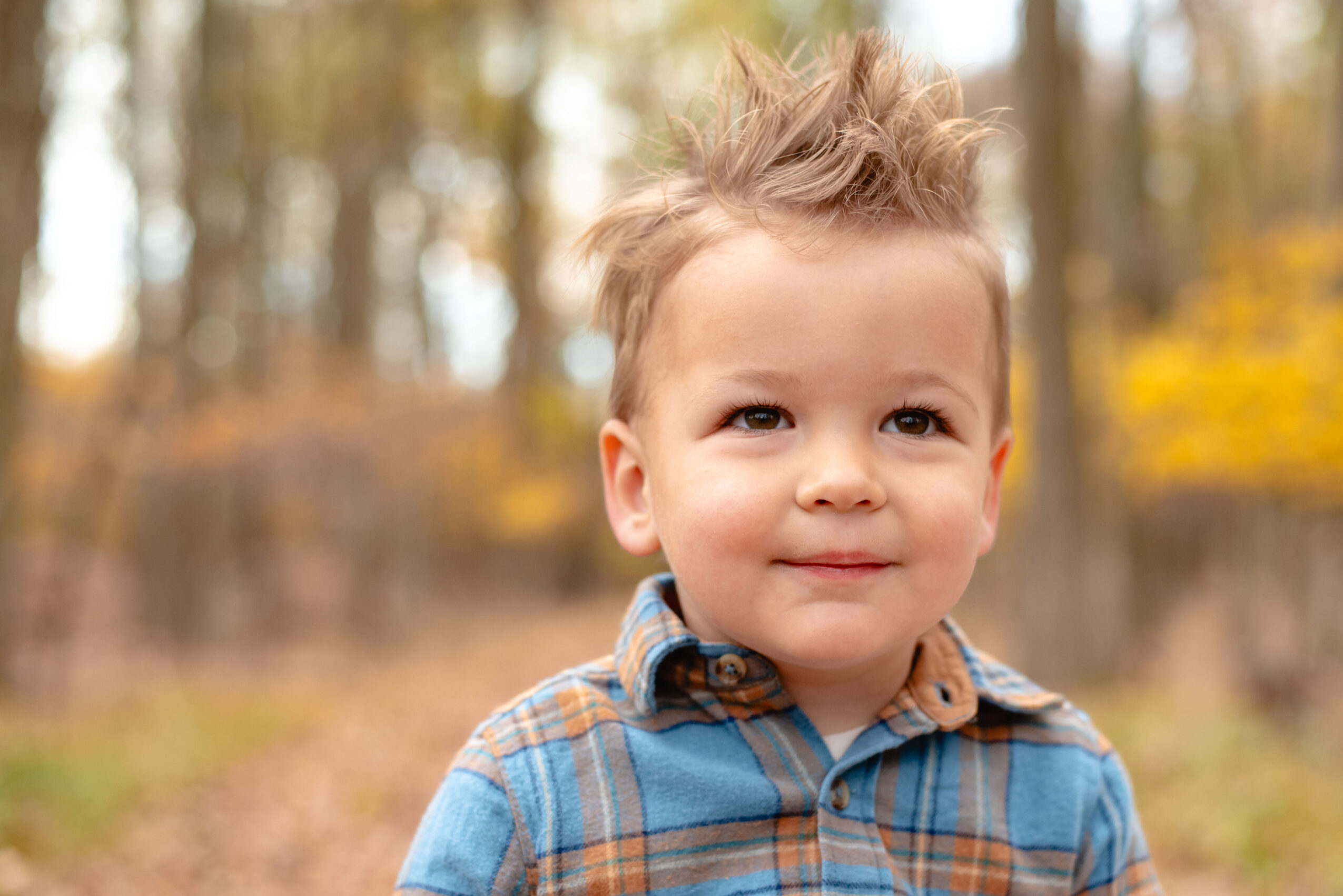 Young child with spiky hair outdoors in a forest during autumn, smiling softly, wearing a plaid shirt.