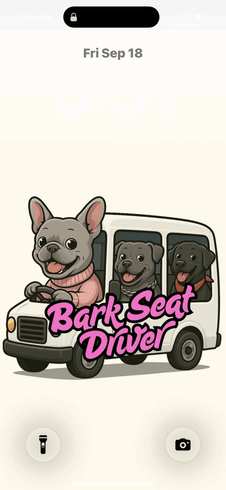 Phone screen with a cartoon dog driving a van, pink text reads 'Bark Seat Driver', background is light beige.