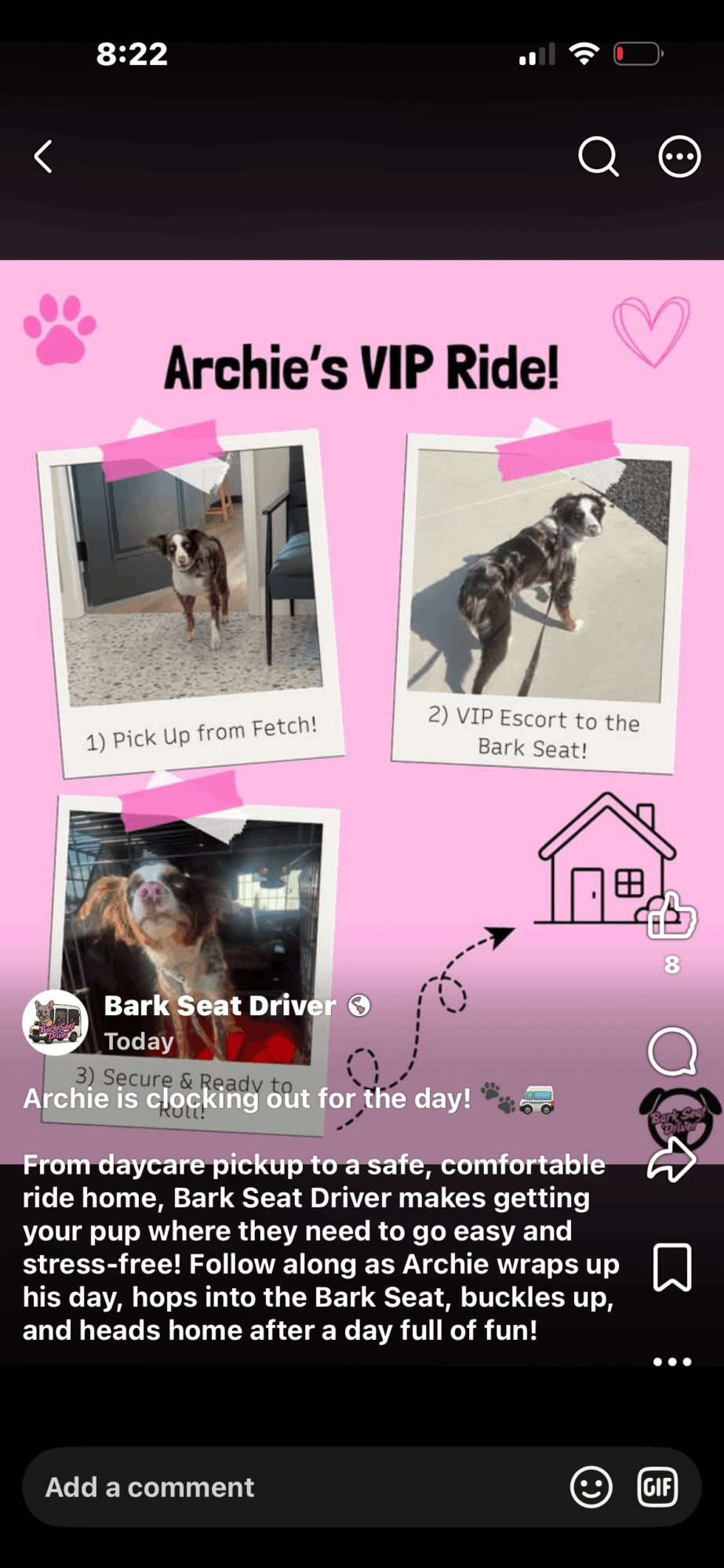 Two dogs in car seats, one with a harness, in a pink-themed vehicle interior, with text about a VIP ride and barking dog.