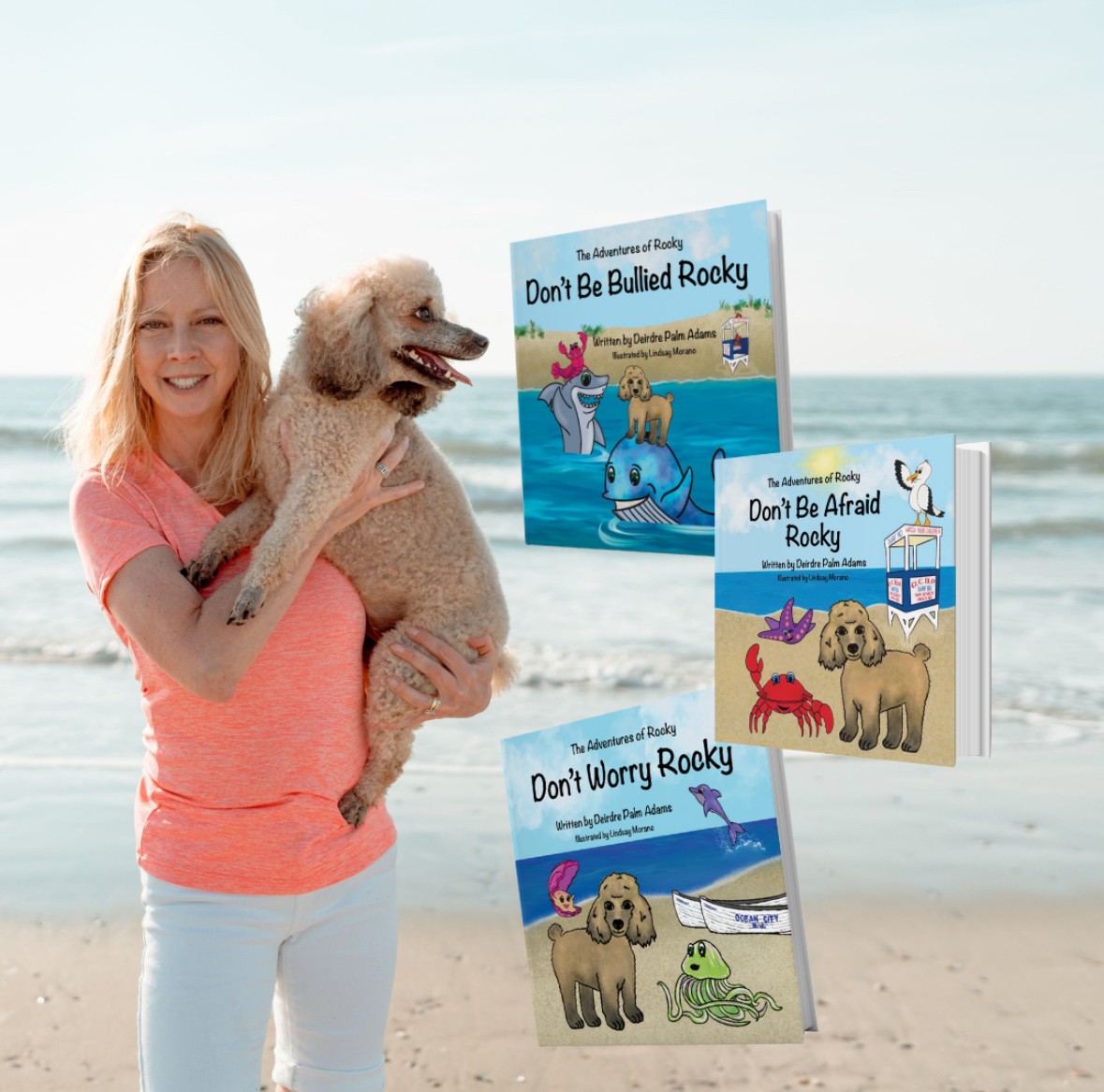 Woman holding a dog on a beach with three children's books about Rocky, a dog, and other animals.