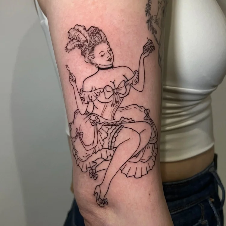 Line drawing of a woman sitting, holding a cigarette, with detailed clothing and hairstyle, on a person's arm.