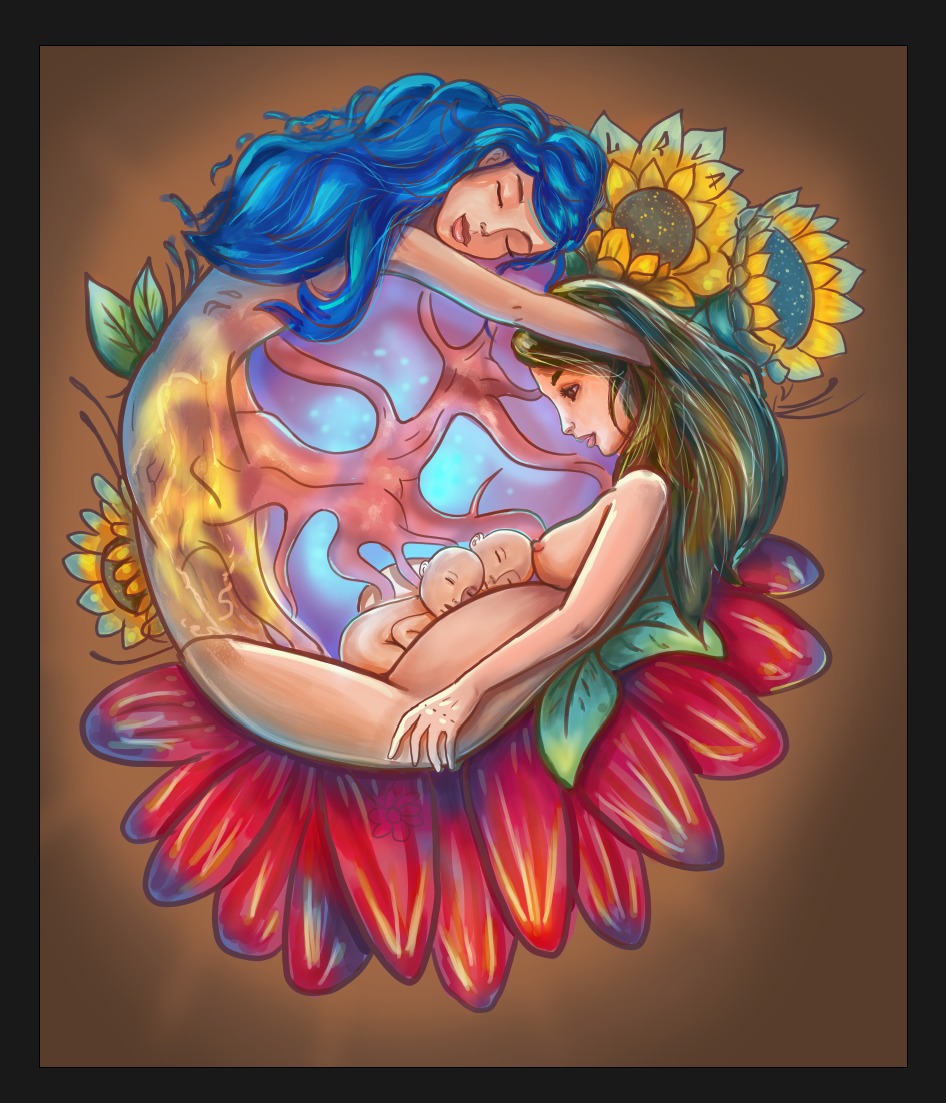 A woman with blue hair and a girl with brown hair sit together surrounded by sunflowers and a large red flower, embracing each other.