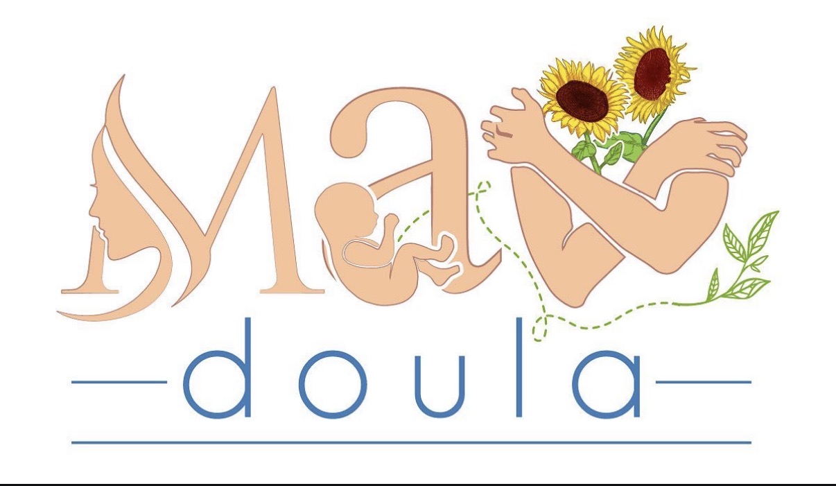 Illustration of a woman, a baby, and a person holding sunflowers, with the word 'Mama' and 'doula' below.