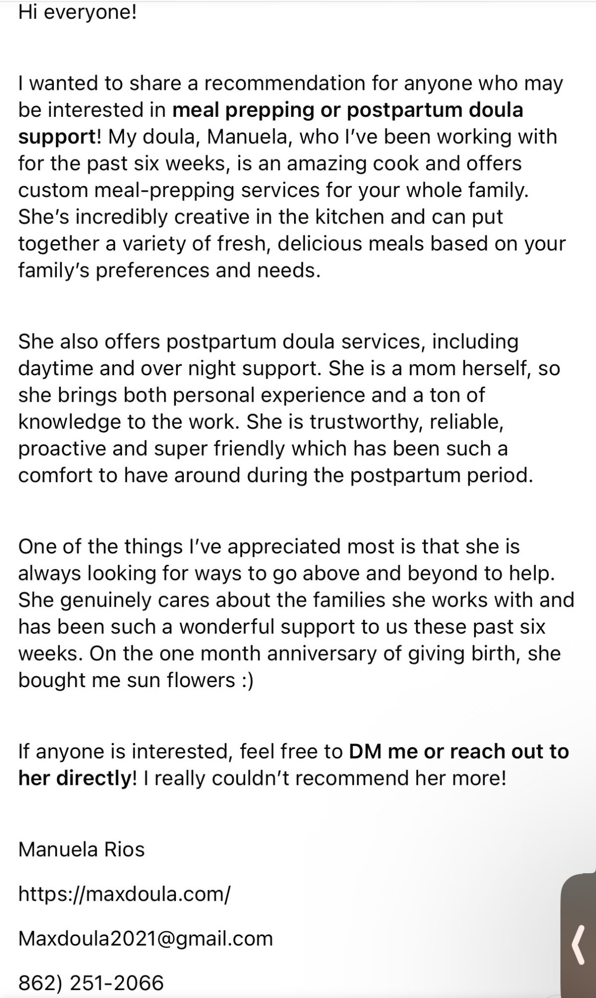 Text-based message about a personal recommendation for postpartum doula services, including contact information and a personal note.