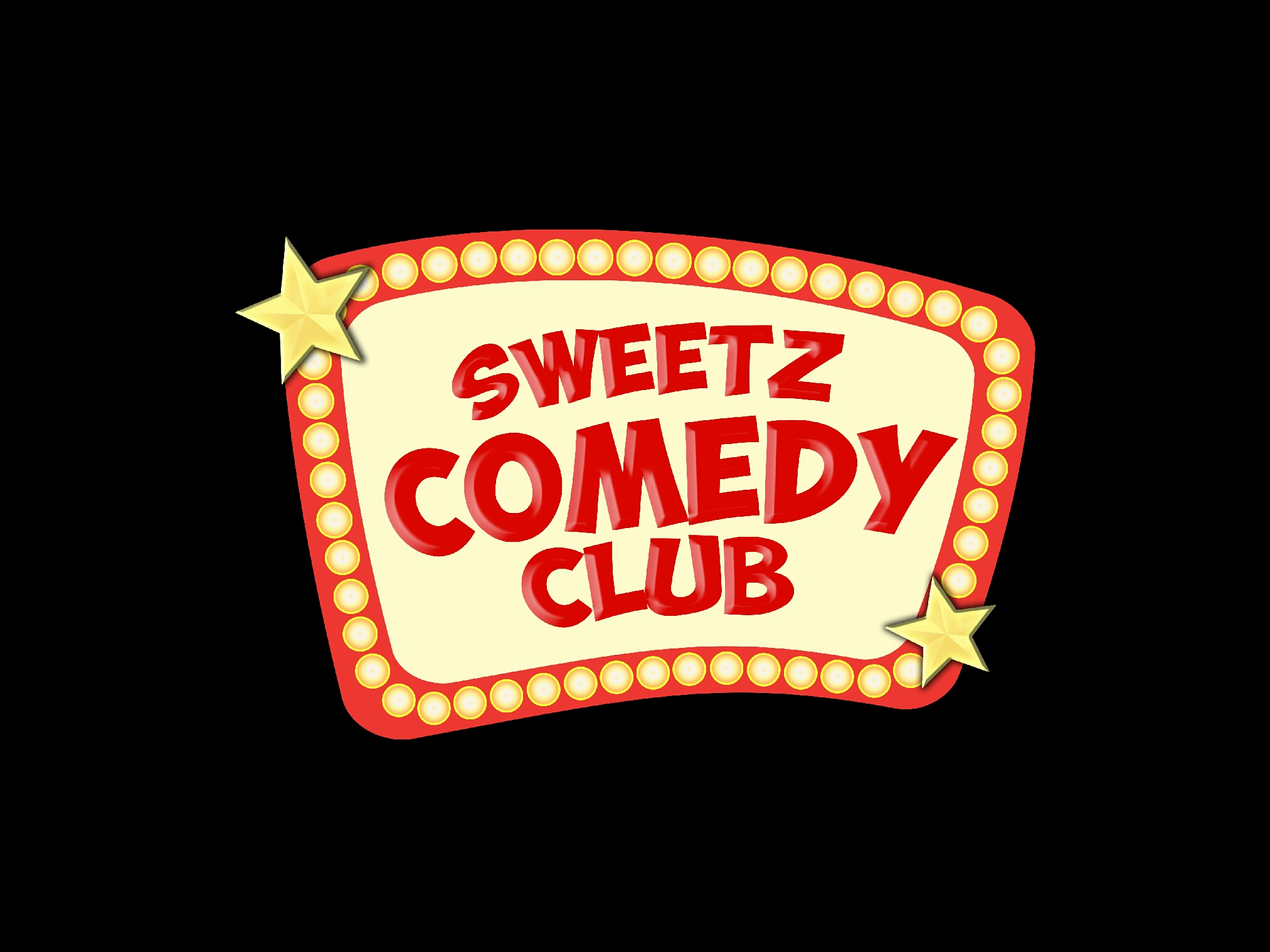 Bright sign with red text reading 'Sweetz Comedy Club' and yellow stars, on a black background.