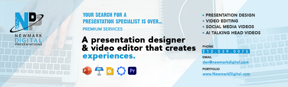 Slide with text about presentation designer and video editor, contact info, and icons for services. White background with blue accents.