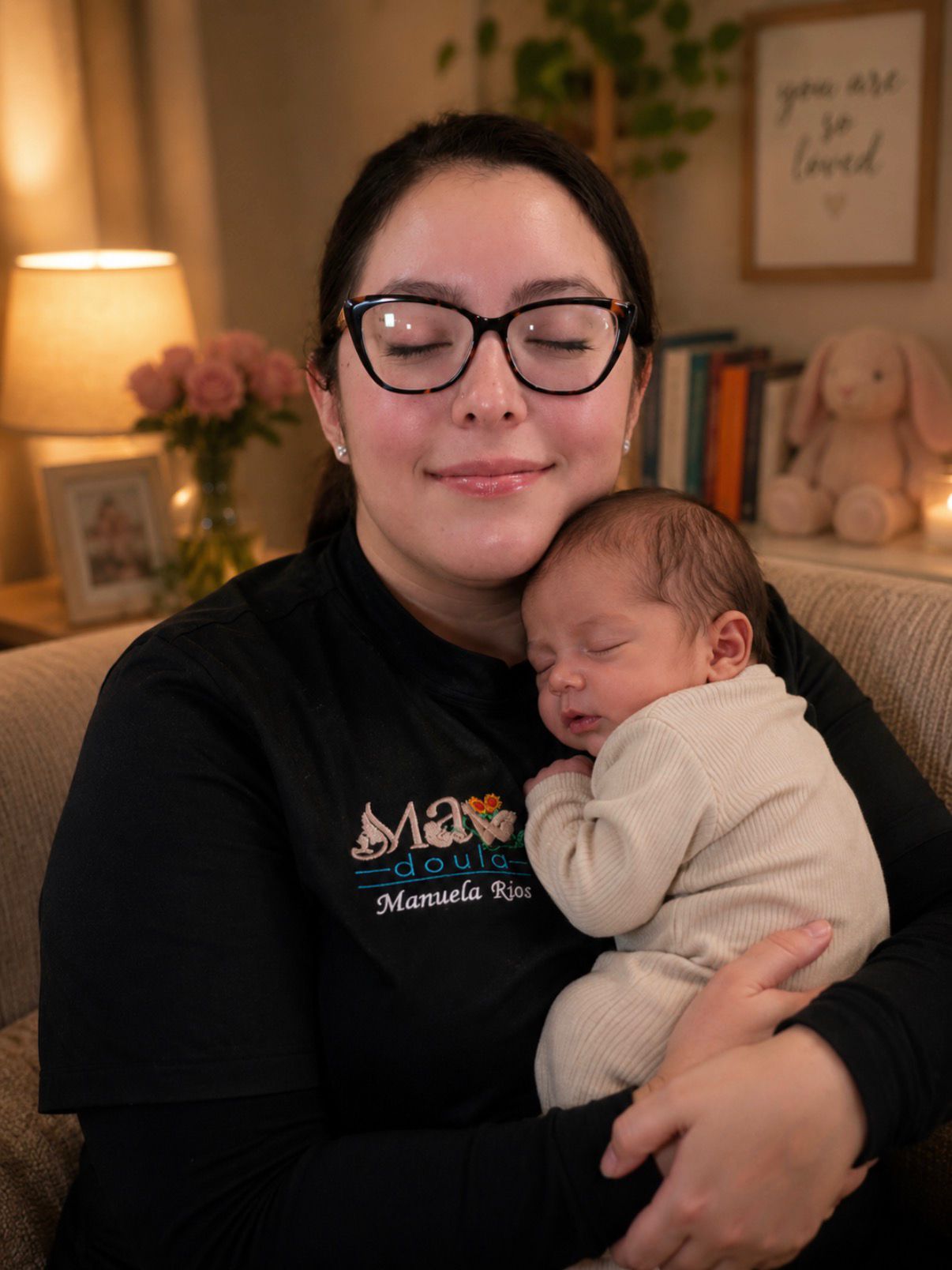 Woman with glasses holding a sleeping baby indoors, background includes a lamp, flowers, and framed art.