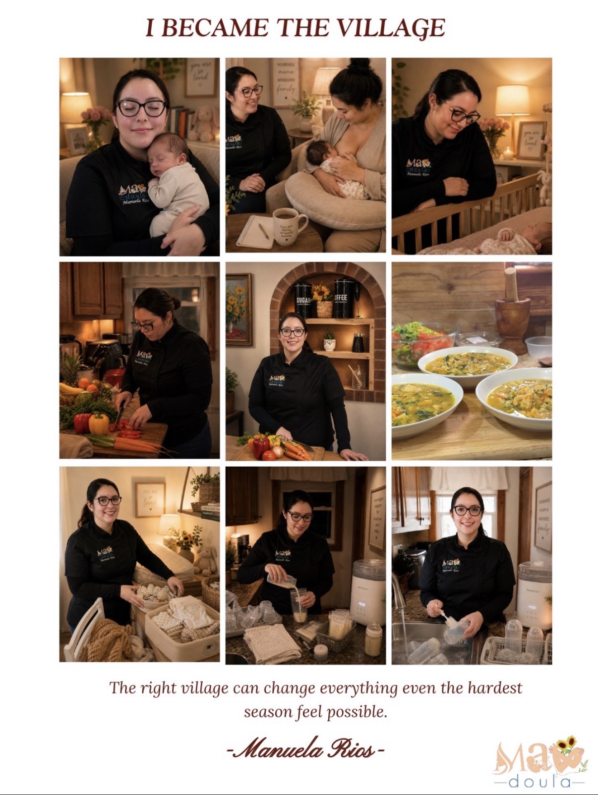 Collage of nine images showing a woman in a kitchen, preparing food, and bowls of soup, with text about a village and season.